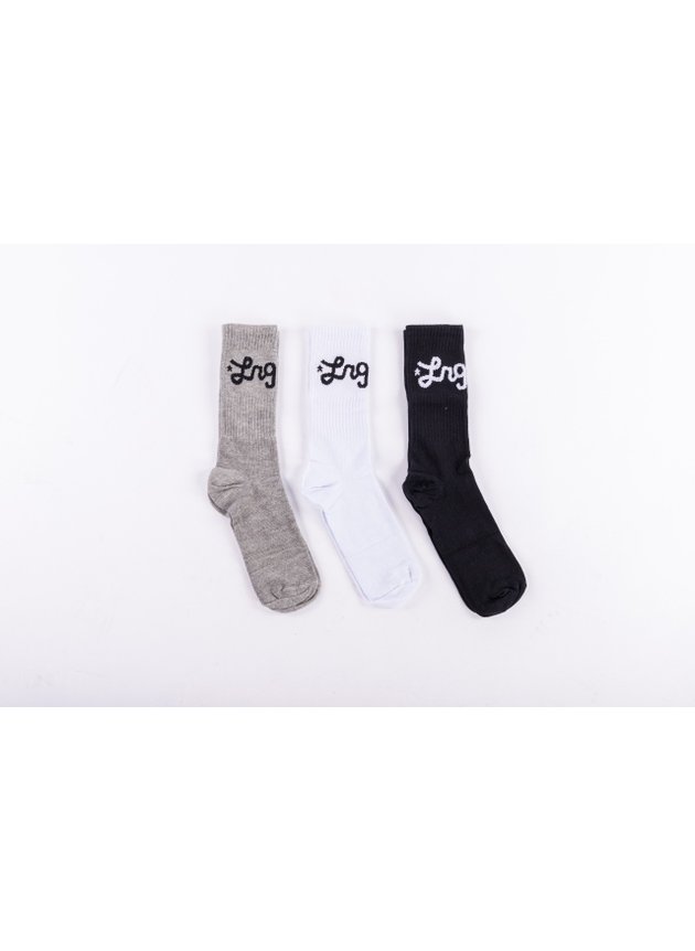 Meia Skatista LRG Script Cano Alto Masculina Kit 3 Pares Preto Branco Cinza   hyped 91  2