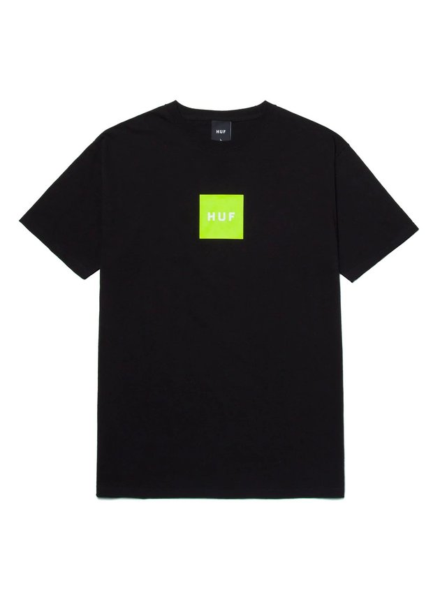 camiseta skatista huf essentials box logo masculina preto verde hyped 91